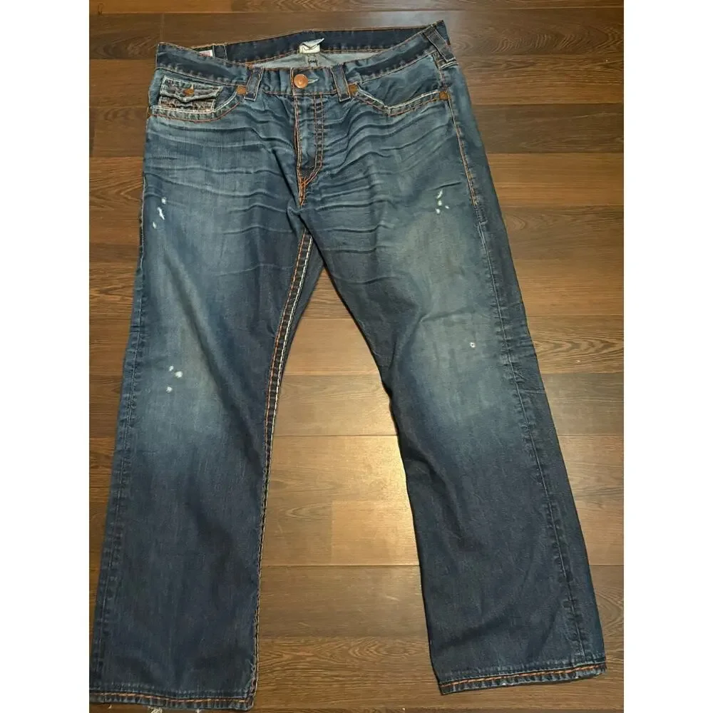 TRUE RELIGION Mens - Ricky Blue Brown Super T Jeans in TXD DK Hideout 40x31